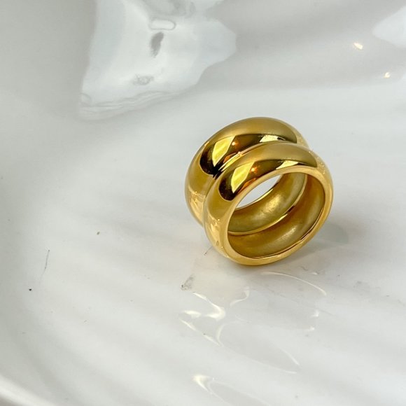 Stainless Steel Double Dome Ring Gold Plated Chunky Gold Ring Wide Thick Ring - Picture 2 of 7